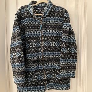 Blue Aztec Print Fleece Jacket Zip Up w/Toggle Tie Waist Sz Lg
